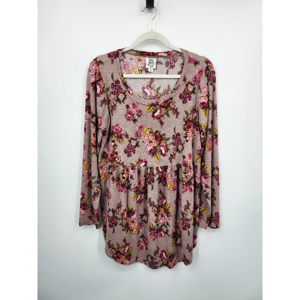 Ivy Jane Tunic Top Women Medium Mauve Floral Long Sleeve Peplum Babydoll 621043